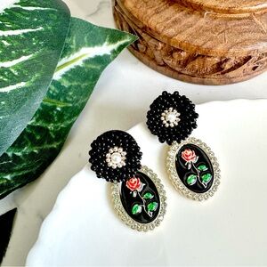 2/$30🌵 Red Flower Cameo Beaded Earrings Romantic Rhinestones Faux Pearl NEW